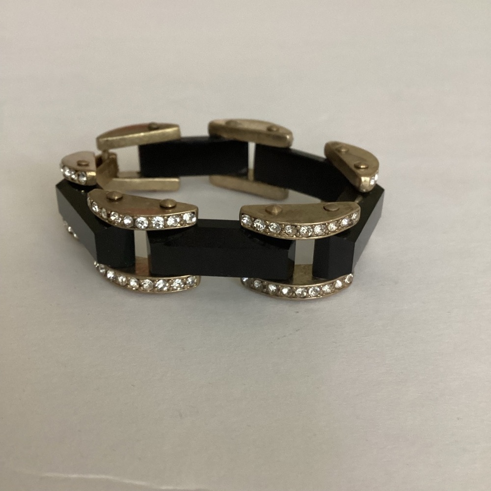 J. Crew Hinged Gem Bracelet Black Gold Tone Rhinestone Statement Cuff